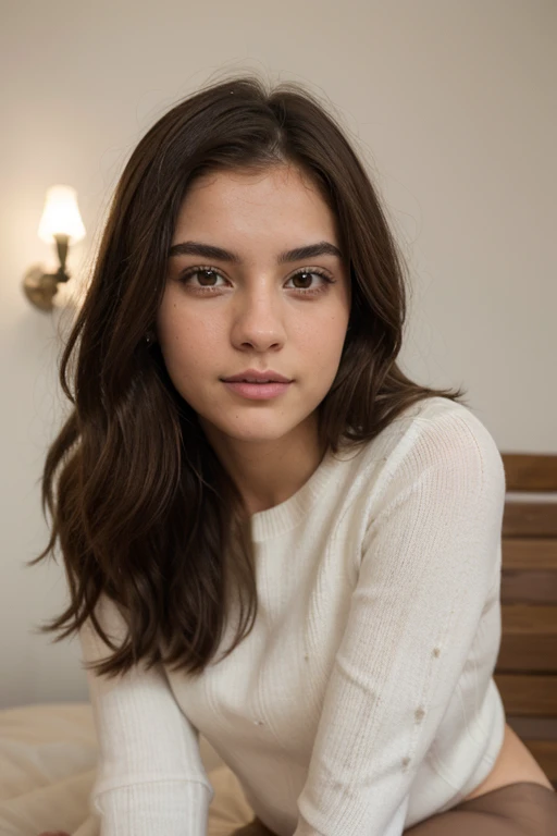 ((mejor calidad)), ((Obra maestra)), (detallado), cara perfecta(mejor calidad)), ((Obra maestra)), (detallado), cara perfecta,impresionante realista, fotorrealista, photorealism, 1 beautiful Spanish girl,Small nose,17 years old,Long Brown Hair,pelo rizado claro,hermosos ojos grises y avellana,paquete de seis ligeros,very tight white sweater,leggins flacos