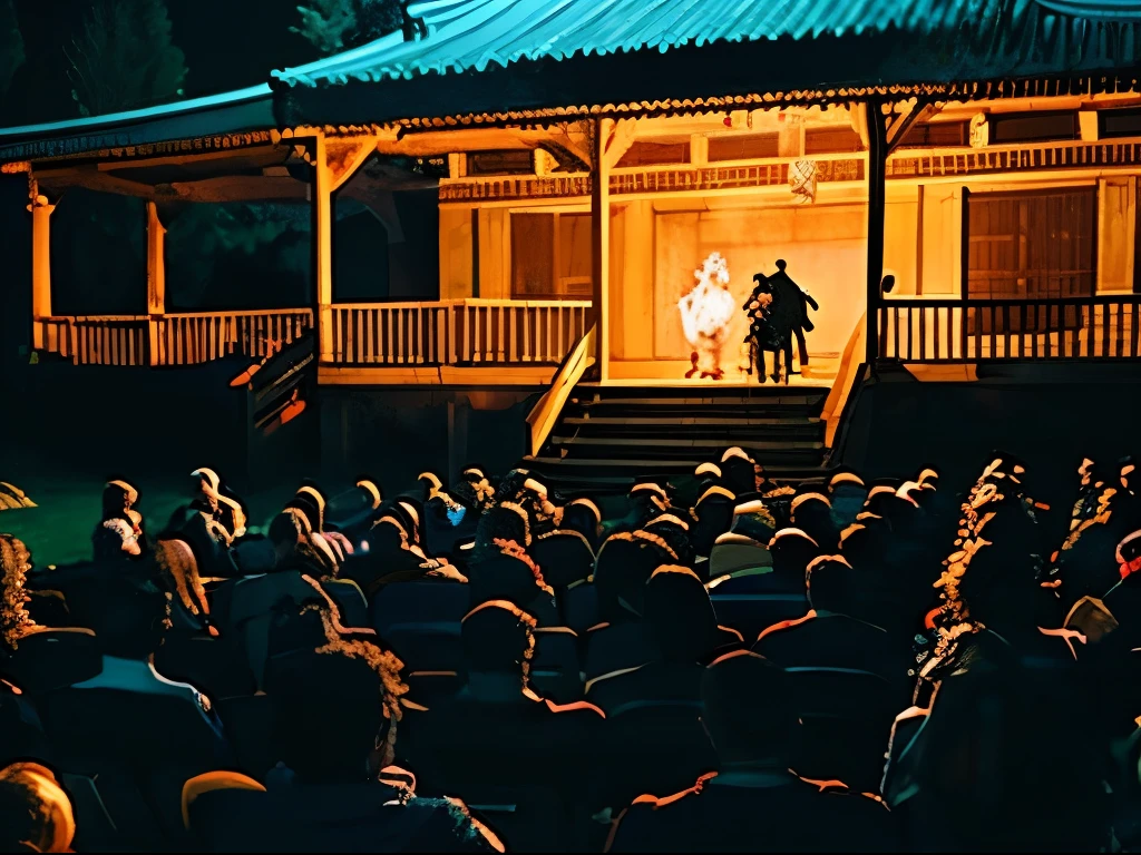 noh theater performed at night by a fire,many audiences