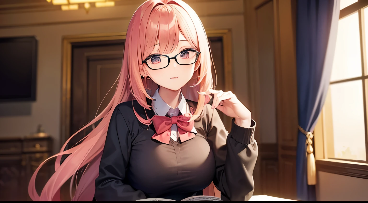 ((highest quality)),(超A high resolution),(Ultra-detailed),(Detailed depiction),((The best CG)),(A masterpiece),Ultra-detailed art,The art of astonishing depiction, (1 Beautiful Woman,Pink long hair),(Casual clothing),Beautiful and well-groomed face,smile,Black glasses,Wearing headphones,Bright atmosphere, evening,cloud,Studying by sitting on a chair in a room