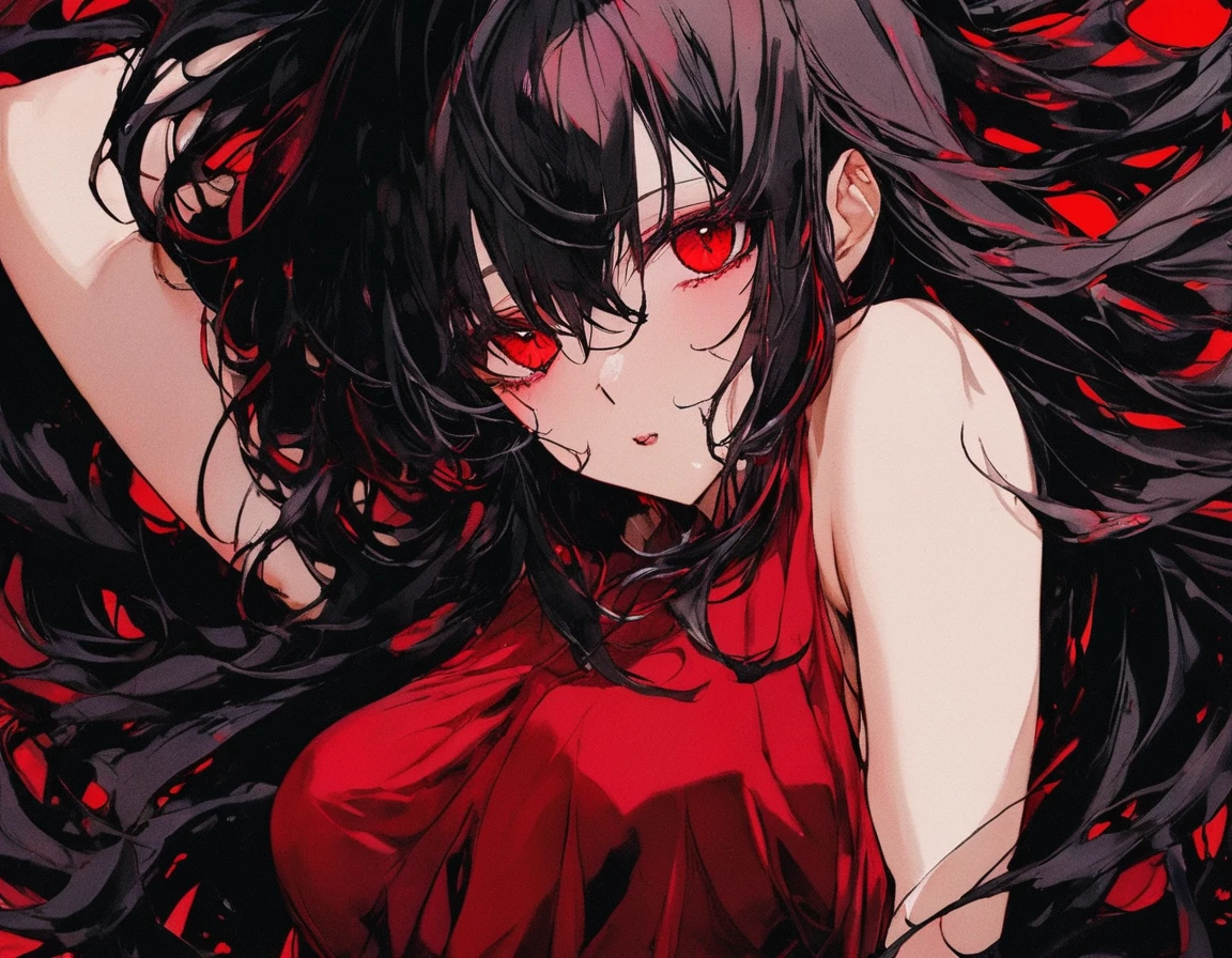 Una chica de cabello negro largo suelto, crimson red eyes. Labial rojo intenso, sombra de ojos roja , Cuerpo completo pechos muy grandes demonio, cuerpo completo completo desnuda acostada en la cama