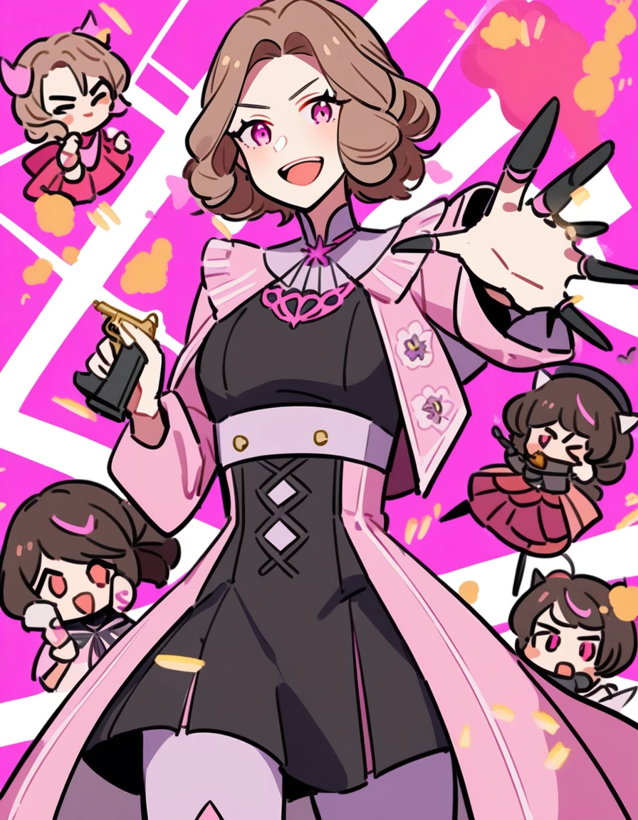 1 :50:26 Expires in 13 days(s).
Short brown hair woman with pink, ama los explosivos y sus bombas sueltan color rosado y tiene un traje negro con detalles rosados, She is super agile and likes to throw bombs that release pink paint and use firearms that release bullets and pink explosions. The smoke is pink and she has an evil character and is a villain.