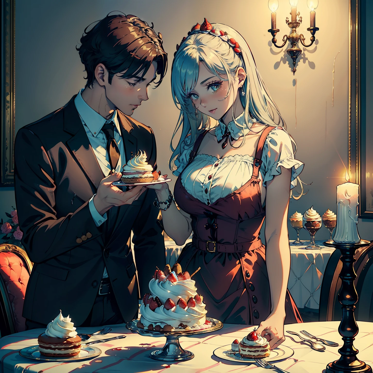 (Sweet Treats, Masterpiece, Delightful Couple:1.5), Tempting desserts, (Chocolate covered strawberries, Profiteroles, Macarons), Shiny, glossy surface, (High resolution, 8K Wallpaper, 5K Ultra HD), Realistic textures, Perfectly rendered details, Meltingly delicious, Oozing chocolate, Whipped cream peaks, Seductive strawberries, Cherry on top
(Masterpiece), Mouthwatering Postres, (Man and woman, loving couple):1.5, Cozy atmosphere, Soft, warm lighting, Intimate setting, (Tablecloth, candles, silverware, fine