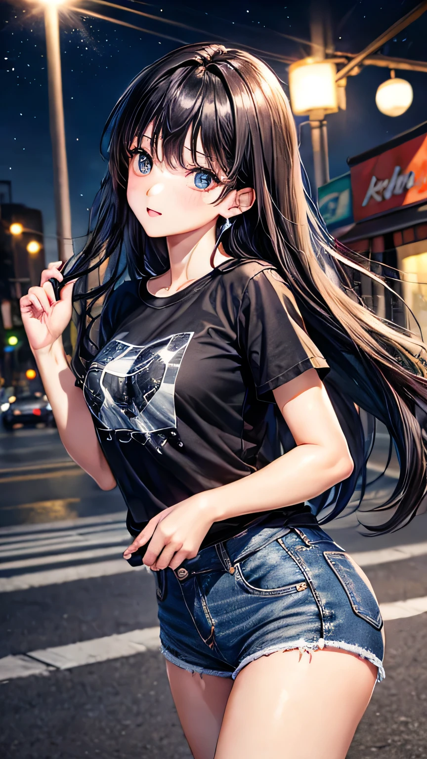 Starry Sky One female Black Hair bustling street midnight jeans T-Shirts Long Silky Straight Beautiful Skin Beauty High quality, high definition facial expressions High quality, high definition eyes High quality, high definition costumes