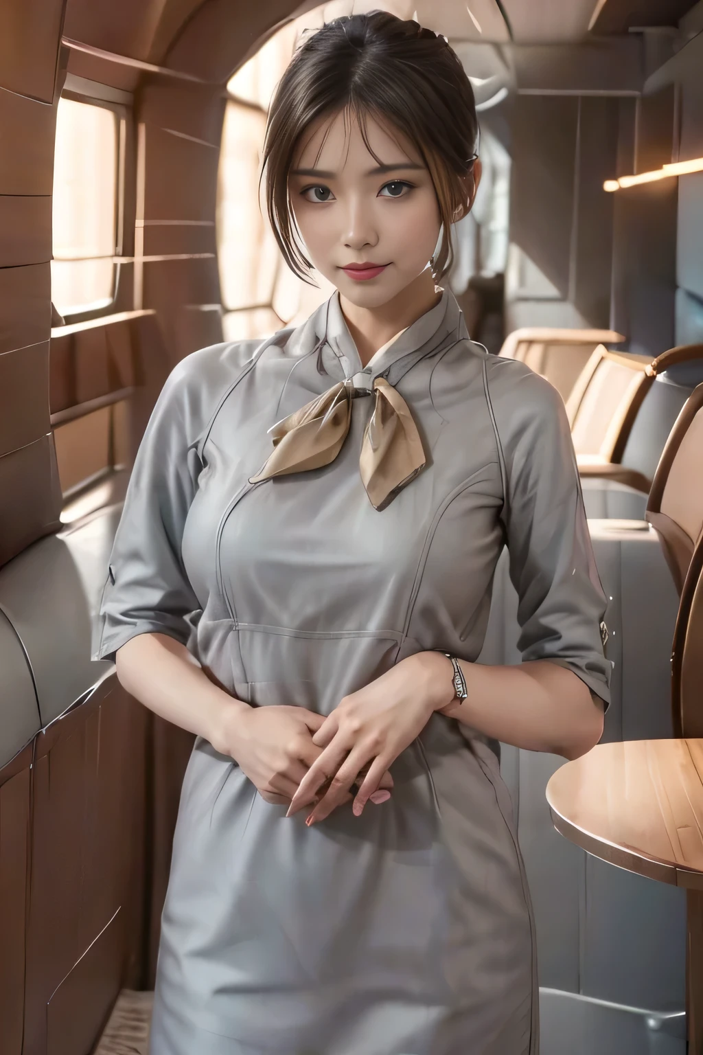 (masterpiece:1.2、highest quality:1.2)、32K HDR、High resolution、(alone、1 girl、Slim figure)、(Realistic style with Starlux Airlines uniform)、 (In the airport lounge, Professional Lighting)、A proper woman, Beautiful Face,、(Starlux Airlines silver uniform:1.4)、(Starlux Airlines silver uniform with short sleeves)、(scarf on chest)、Big Breasts、(Long hair updo、Evening updo)、Dark brown hair、Long Shot、((Fine hand:2.0))、((Harmonious body proportions:1.5))、((Normal limbs:2.0))、((Normal finger:2.0))、((Delicate eyes:2.0))、((Normal eyes:2.0)))、Beautiful standing posture