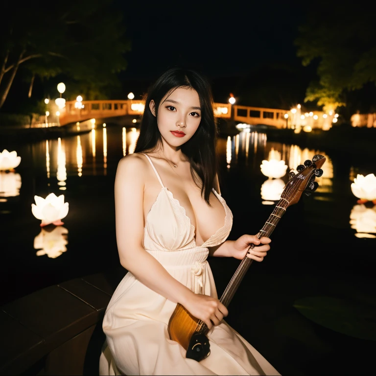 Beautiful Goddess(1 person)、Play an old stringed instrument、Riding a big white snake、Beautiful and pretty woman、Big Breasts、Black Hair、Captivating body、Riverside on a moonlit night、Floating lotus flower、8k、Realistic