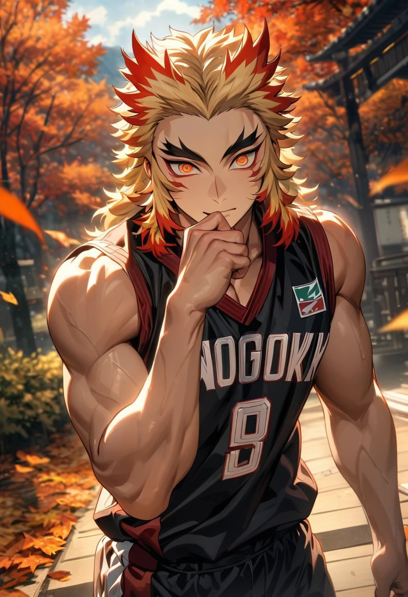 absurdres, highres, ultra detailed, HDR, masterpiece, extremely detailed face and eyes, Rengoku Kyojuro, blond hair, expressive orange eyes, Kimetsu No Yaiba, sexy man, handsome, basketball uniform, autumn, orange leaves, trees