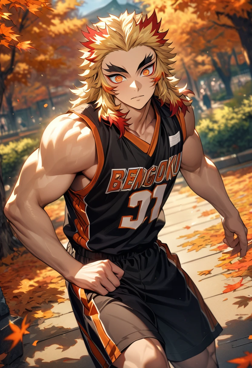 absurdres, highres, ultra detailed, HDR, masterpiece, extremely detailed face and eyes, Rengoku Kyojuro, blond hair, expressive orange eyes, Kimetsu No Yaiba, sexy man, handsome, basketball uniform, autumn, orange leaves, trees