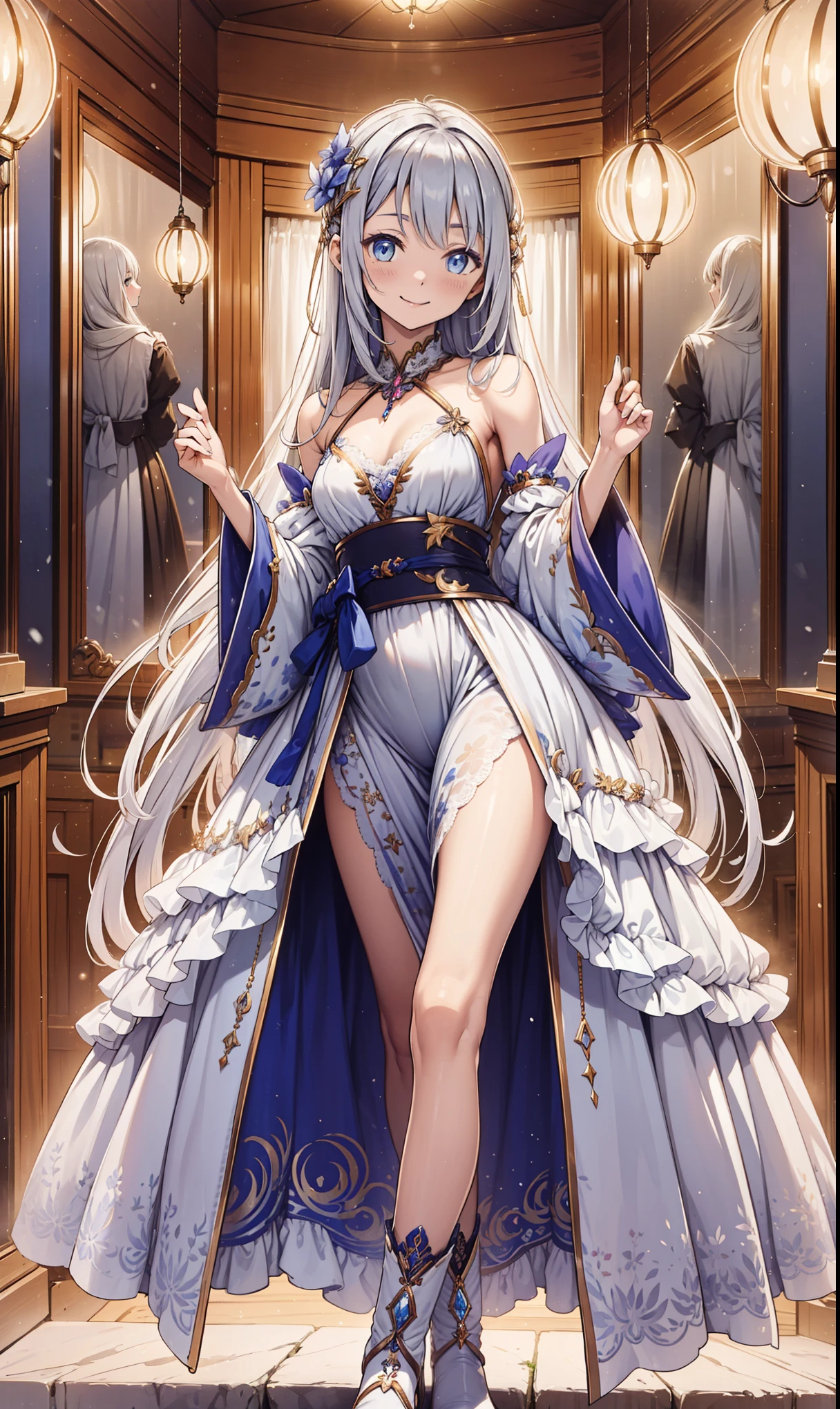 (best qualityer, work of art:1.2), ultra high resolution, realisitic, front lighting, intricate-detail, Exquisite details and textures, 1 girl, standing alone ,(Youngh), face highlight, fully body, face detailed, tear mole, offwhite skin, silver hair, hypdertailed, braided hair down to your feet, frontal demon horns, looking ahead at viewer, eyes large, silk robe, neckleace, breasts small redondos, BIG ASS, thick coxas, (hollow pattern, offwhite, silk), aretes, breasts small, Fine body, Luxury bedroom, professional lighting, photon mapping, radiosity, Physically based rendering,