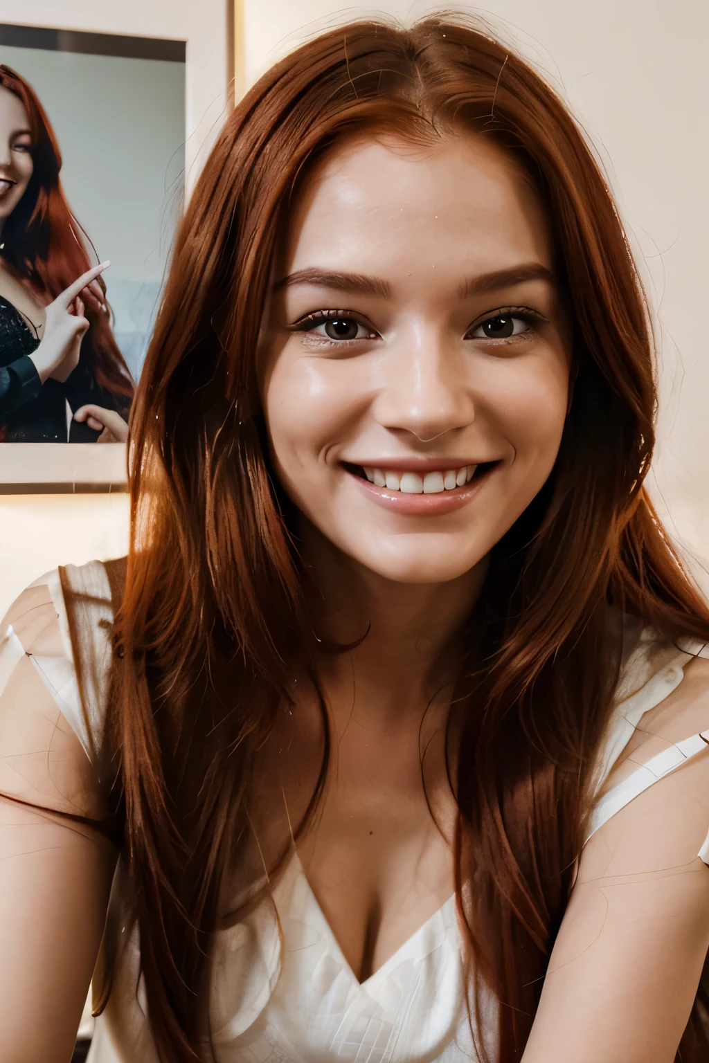 A radiant smile illuminates the face of the AI ​​influencer, with long red hair, Ultra high definition images of our digital AI influencer, smiling as she interacts with modern technology in her home.