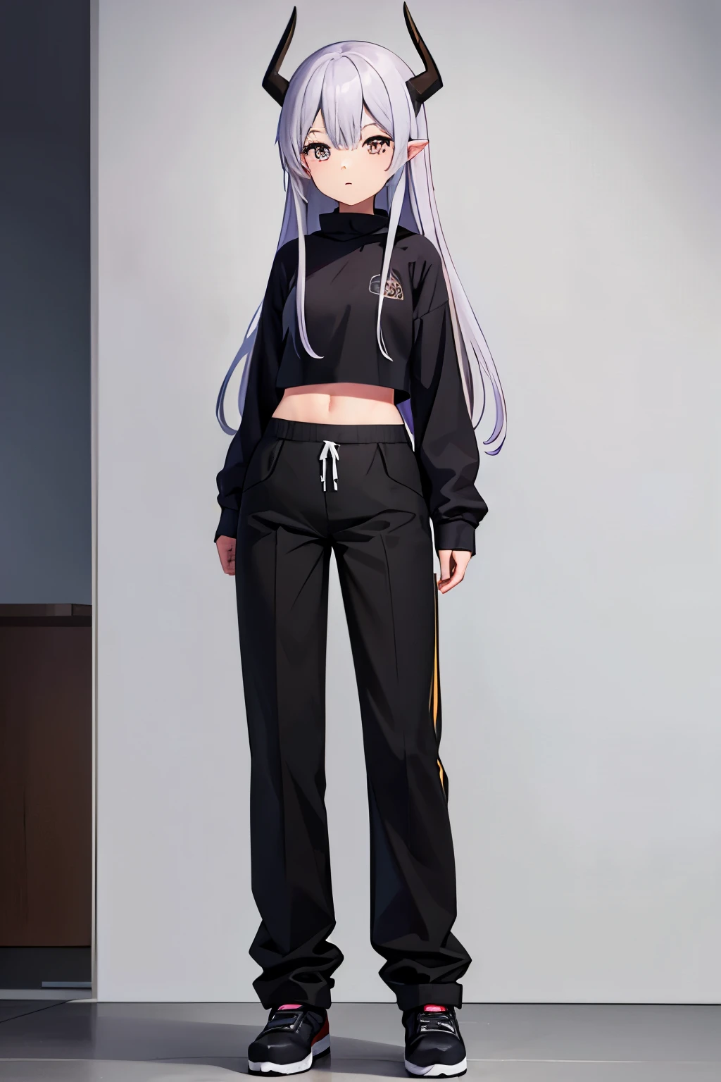  A cartoon drawing of a girl with horns and long hair, best anime character design, Modelo de cuerpo completo Anime Vtuber, Personaje de anime, Full body anime illustration, anime character design, como personaje de anime, Personaje de estilo anime, character adoptable

Este personaje de anime es una adolescente con cuernos de 2 y 13,2 centimeters high and 1,28 centimeters thick. Its horns are located on the upper left side of its head and show traces of its former life as a Hollow helmet..

Tiene el pelo gris y negro, corto.  Her breasts are small, con una altura de 2 y 1,5 centimeters high and a thickness of 1,10 centimeters. He is 14 years old breast, crop top, shorts, pantalones  y (sudadera con capucha). 

