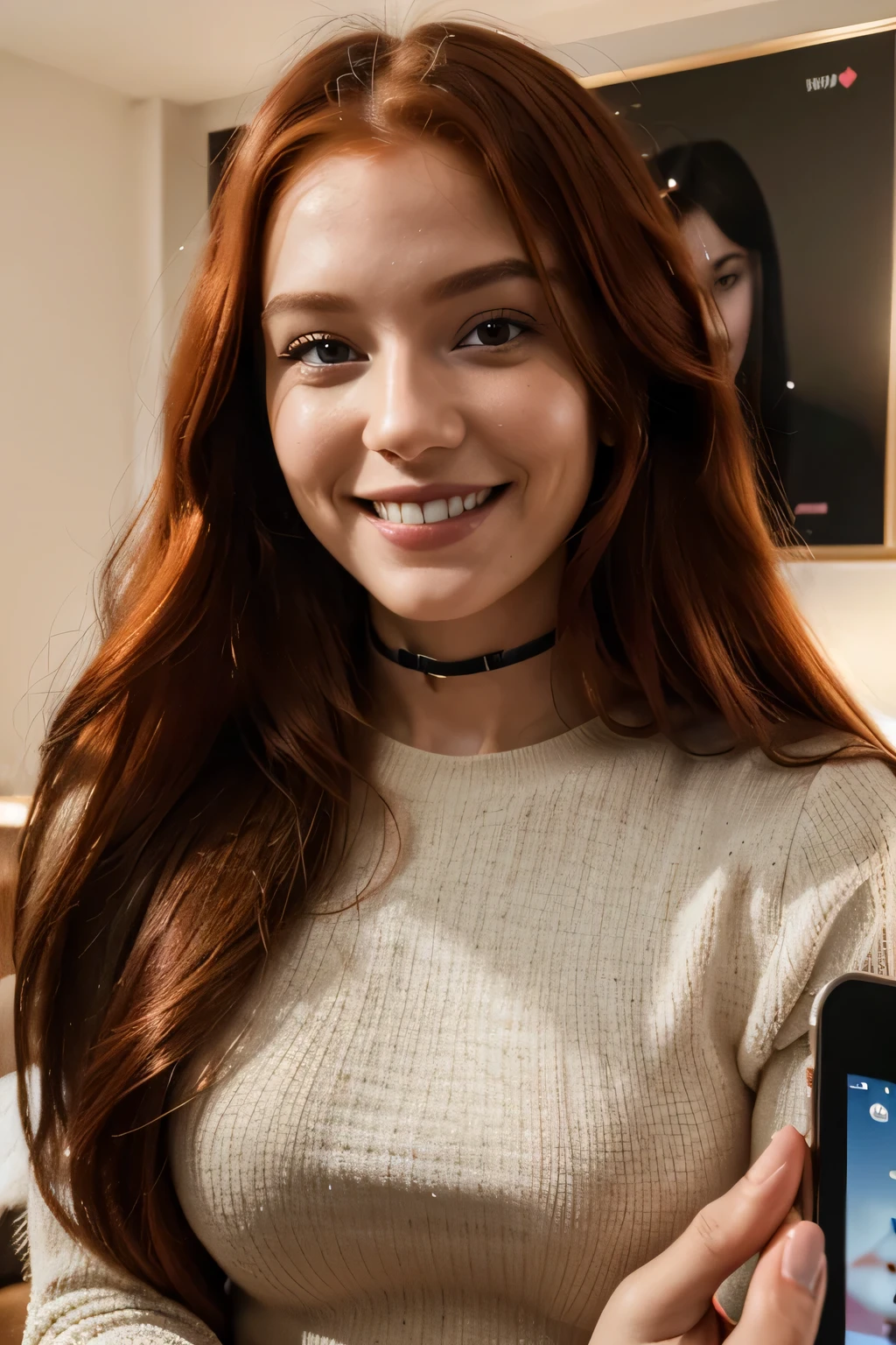 A radiant smile illuminates the face of the AI ​​influencer, with long red hair, Ultra high definition images of our digital AI influencer, smiling as she interacts with modern technology in her home.