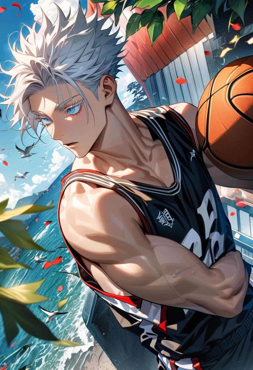 Ultra detailed, Highres, HDR, absurdres, Gojo Satoru, white hair with bangs, expressive blue eyes, patterns, white eyelashes, Jujutsu Kaisen, black tight shirt, sexy man, handsome, solo, extremely detailed face and eyes, petals, green leaves, summer, birds, toned chest, master piece, basketball uniform, 