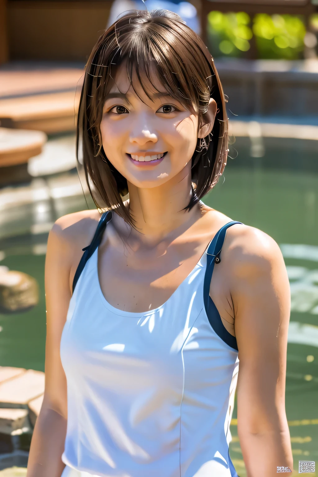 highest quality, Photorealistic, Very detailed, finely, High resolution, 8K Wallpaper, Professional, High level of detail, ((One 18 year old girl:1.2)), Slender Japanese women,Pretty lips, (Beautiful long lashes:1.2)、Detailed clavicle, Perfect Face, (Cute short bob hair:1.5),Top Quality，Ultra-clear resolution，Clear Eyes，Sunburned skin，Perfect large breasts，have perfect legs，Focus on the legs，(Walking around the hot spring resort wearing a tanzen:1.5)、(A serious look and a gentle smile:1.5)、