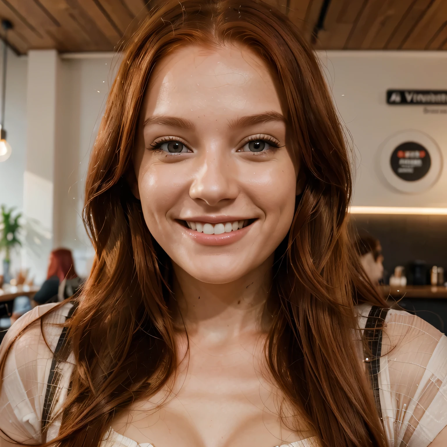 A radiant smile lights up the face of the AI influencer with long red hair, Ultra high definition images of our AI digital influencer smiling while interacting with friends in an Amsterdam cafe