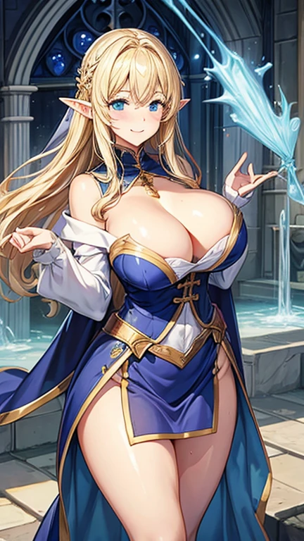 Cathedral、Elf、Blonde、clergyman、smile、Big Breasts、Very large breasts、Cleavage、Her underwear is visible、Very short skirt、Breast milk、溢れるBreast milk、Overflowing love juice、Dripping love juice