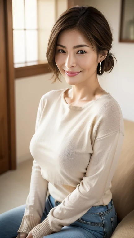 (highest quality,8k,masterpiece),
日本人Mature Woman,40 years,Mature Woman,Pure white skin, Tabletop、Chest top view、
(Plump breasts 1.3)、 ((Beige crew neck knit))、Light blue denim pants、Random Hairstyles、
,A kind smile、A captivating gaze、Living room at home、