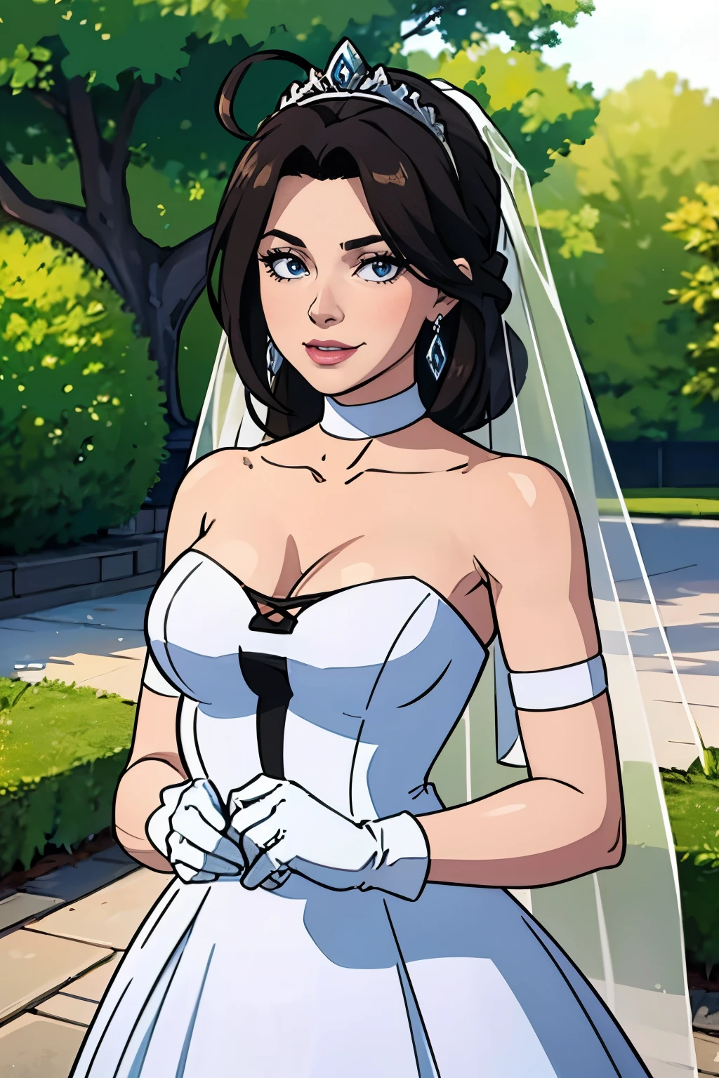 1girl, solo,Kitana MK, crown,earrings ,lipstick, eye shadow, makeup, hair between eyes, ahoge, hair ornament, gloves, dress, cleavage, bare shoulders, collarbone, white oprea gloves, white gloves, white dress, strapless, white choker, tiara, veil, strapless dress, wedding dress, bridal veil, beautiful woman, perfect body, perfect breasts, wearing a wedding dress, ball gown, in the park trees, wedding decorations, looking at the viewer,  smile, realism, masterpiece, textured skin, super detail, high detail, high quality, best quality, 1080p,