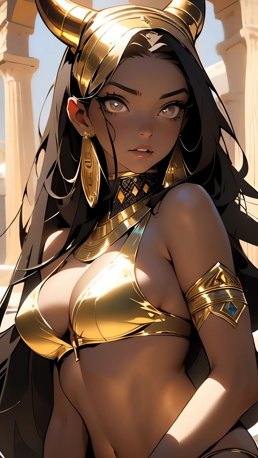 (masterpiece:1.2, best quality), (finely detailed beautiful eyes: 1.2), (finely detailed eyes and detailed face:1.3), (scenery :1.2), (extremely detailed CG, ultra-detailed, best shadow:1.1), ((depth of field)), beautiful concept illustration, (illustration:1.1), (extremely fine and beautiful:1.1), (perfect details:1.1), 1girl, sharp focus, black hair, light brown eyes, egyptian, wide hips, mature female, medium breasts, curvy, gold egyptian jewelry, royal gold, dark skin, ((devil girl)), [brown skin], [egyptian jewelry], ((brown skin)), (light brown eyes), ((horns)), [devil], (((bikini))), ((black hair)), (((1girl))), looking at camera, ((seductive)), ((intense stare))
