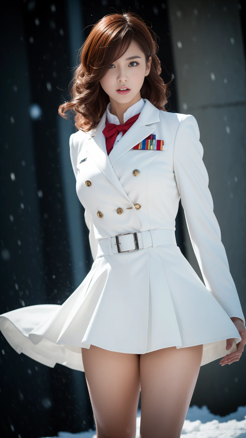 Sexy facial expressions,Detailed Faces,Sexy poses, ((Female soldier )),(((Wild snow))),((Masterpiece:1.2, Best quality)),Movie,offcial art,promotional art,movie wallpapers,(Red hair.), (White suit mini dress,Double-breasted style,White pleated skirt hem),Uniform cover, Exposing thighs,185cm. Shot in the snow in cinematic style, The color temperature is cool,Slightly bluish tint, Convey a feeling of indifference and tension. The lighting is dramatic,There are harsh shadows and highlights, . Shot with a Sony A7R IV camera,The aperture is f/2.8, ISO 1600, a shutter speed of 1/200th of a second. UHD dtm HDR 8k.Big hips, thick thighs, medium breasts, inverted buttocks,