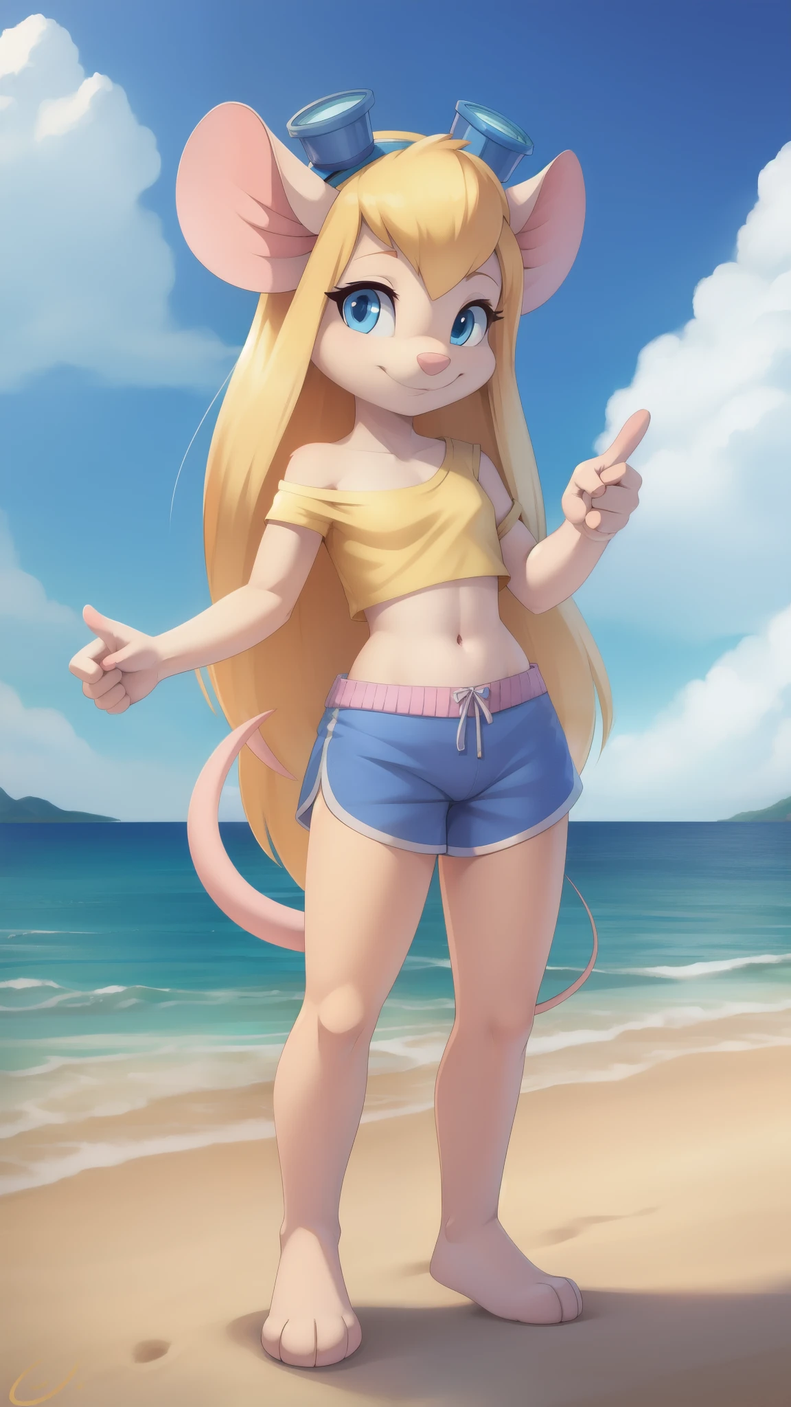 Gadget Hackwrench, mouse, blonde hair, long hair, blue eyes, pink nose, small breasts, body fur, detailed body fur, detailed face, detailed eyes, glistering body, shiny body, gorgeous body, masterpiece, high quality, full body, feets with three toes, 3 toes, ((goggles, yellow shirt, one shoulder, midriff, blue shorts)), beach, clear sky, standing, hand pointing you, :3,