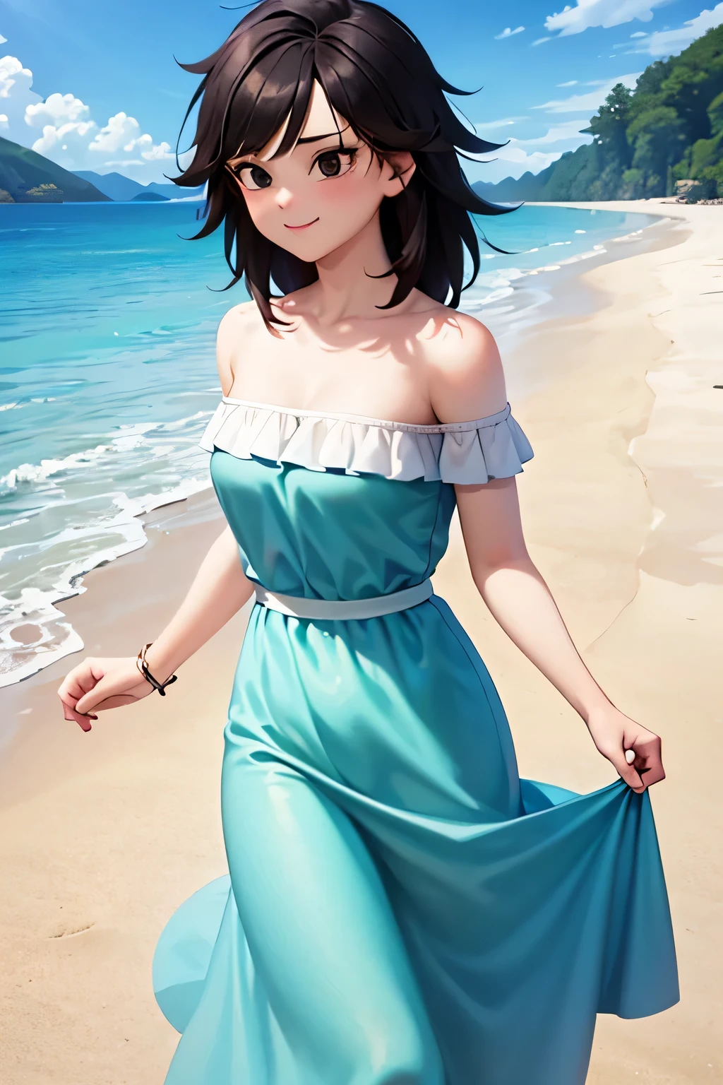 anime screencap, masterpiece, best quality, highres, outdoors, small breasts, gine, spiky black hair, 1 girl, Solo, Black Eyes, Good hands are down, Smile, Blushing, Bare Neck, Bare Shoulders, strapless, White Ruffle Off-the-Shoulder maxi dress. Cowboy shot. A landscape of the beach, sea, blue skies, sand beach. In the center. Walking on the beach Far from the bottom, looking at viewers