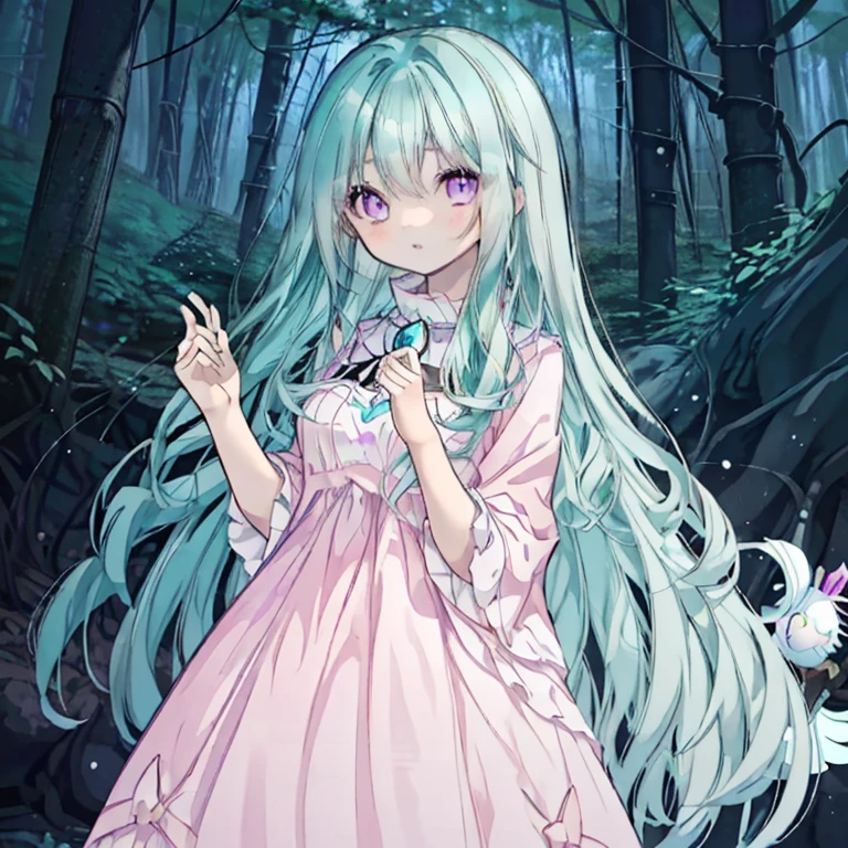 Aqua Hair,Long Hair,Curly Hair,Big Eyes,Pink Eyes,White Dress,gem,owl,沢山のowlに囲まれる,Deep woods,Night Forest,mysterious,gorgeous