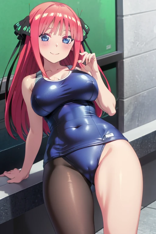 best quality, ultra-detailed masterpiece, anime art style, cute character, nino nakano, large breasts, blush, smile, one-piece swimsuit, pantyhose, open legs
