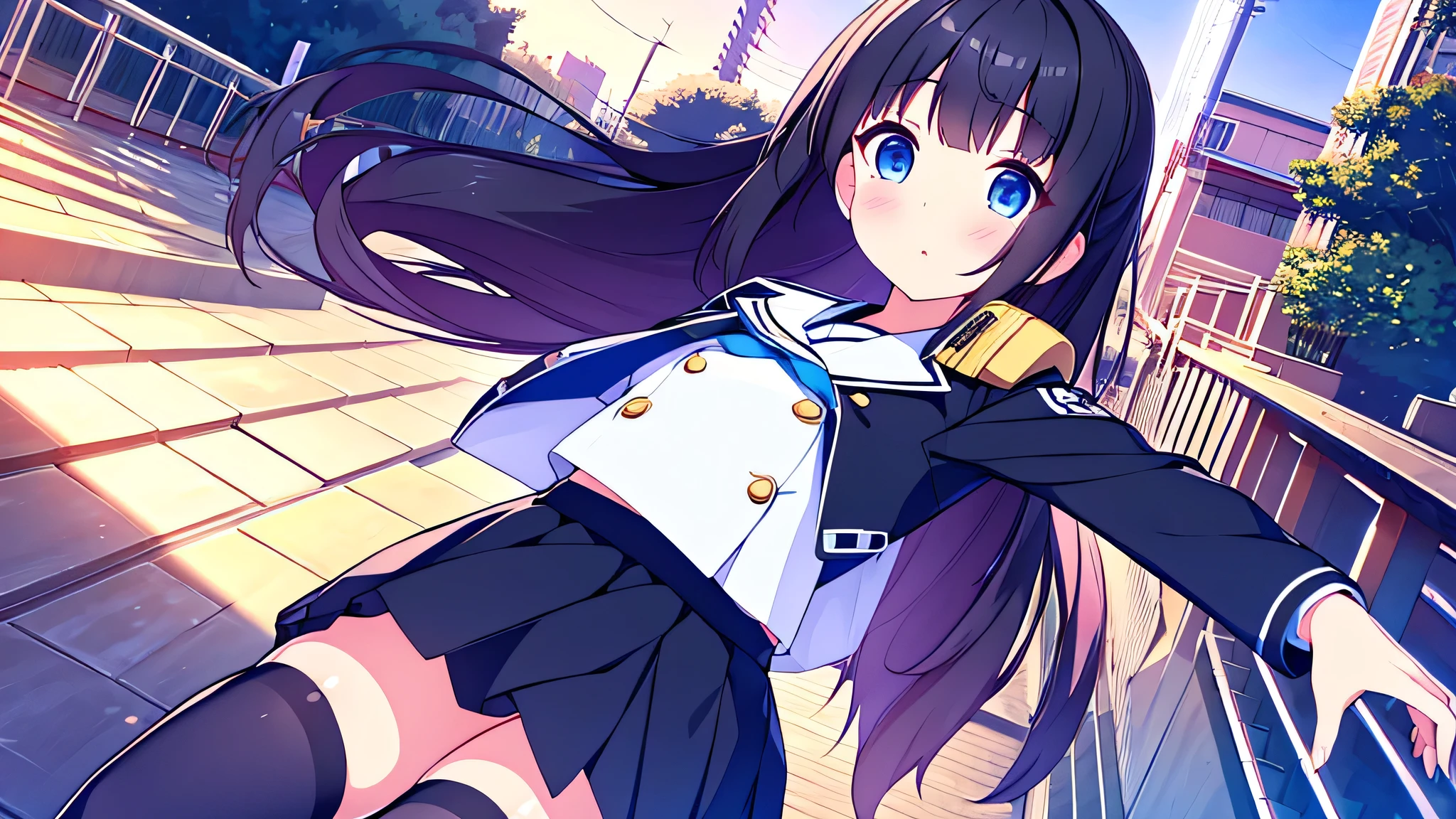 great quality 8k masterpiece perfect anatomy beautiful beautiful girl black uniform with mini skirt white stockings with blue black hair blue eyes in japanese street akihabara swastika