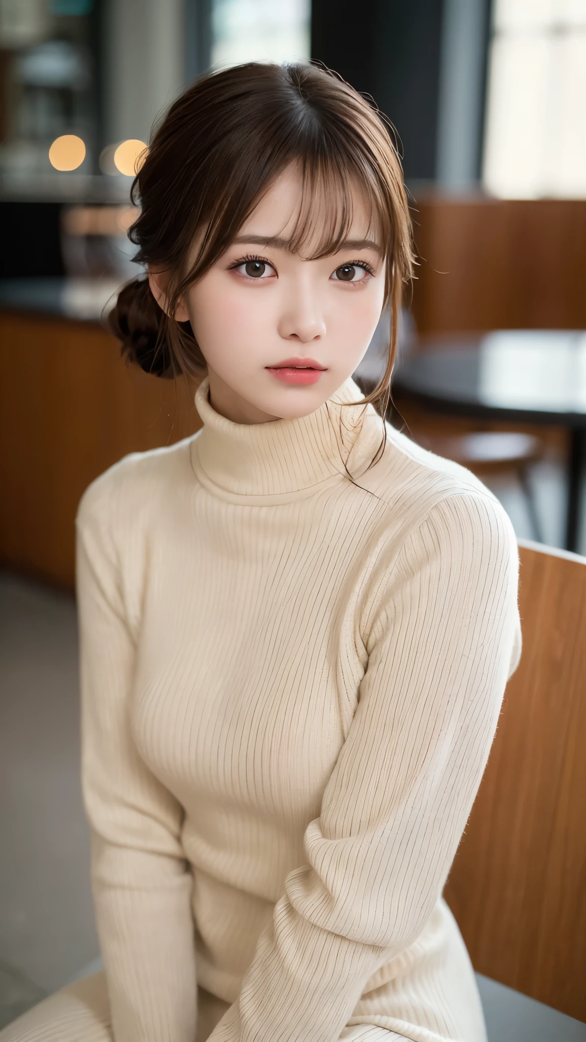 ((NSFW))、(masterpiece:1.5)、(realistic:1.5)、(highest quality:1.4、8K、RAW photo）、 ultra high resolution、professional lighting、perfect dynamic composition、Photographed at a stylish cafe、 film grain、chromatic aberration、(Bokeh:1.1)、 Frank、Sophisticated、charm、Ultra-realistic、high detail、golden ratio、 (1 girl)、slender girl、Delicate and charming girl、cute woman:1.4、 serious expression、looking at the viewer、sculpture installation、Are standing、light brown hair、shining hair、Hair style is ponytail、 skin that looks real、 close your mouth、fine eyes、double eyelid、thin arms、(She is wearing a white turtleneck ribbed sweater dress.:1.3)