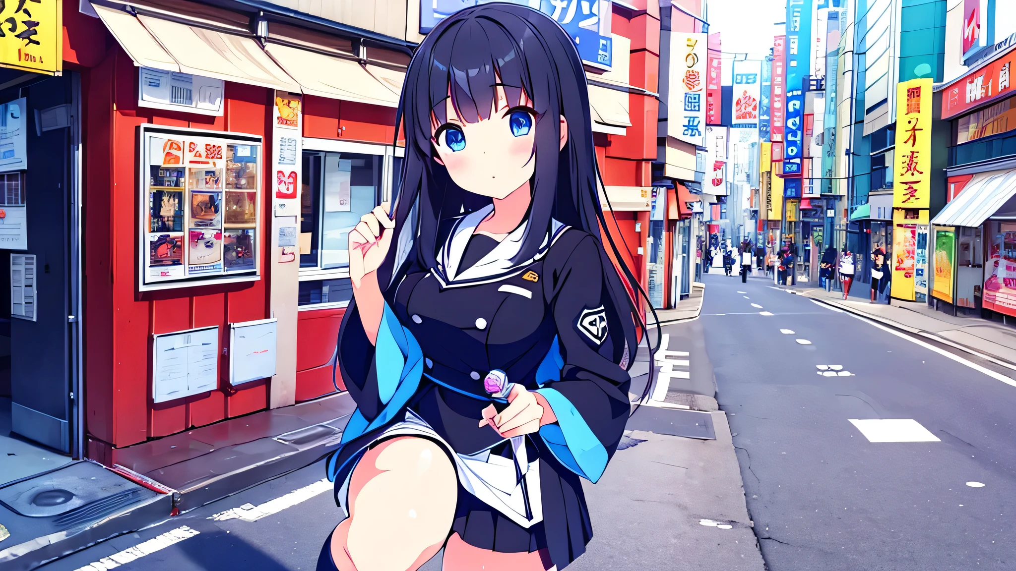 great quality 8k masterpiece perfect anatomy beautiful beautiful girl black uniform with mini skirt white stockings with blue black hair blue eyes in japanese street akihabara swastika