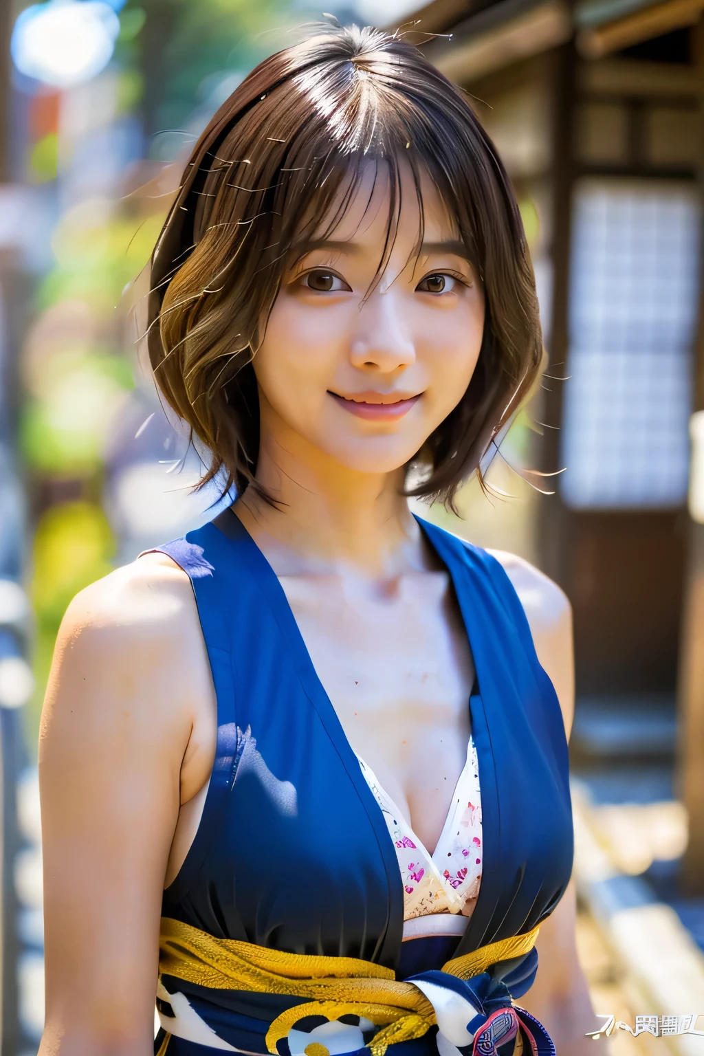 highest quality, Photorealistic, Very detailed, finely, High resolution, 8K Wallpaper, Professional, High level of detail, ((One 18 year old girl:1.2)), Slender Japanese women,Pretty lips, (Beautiful long lashes:1.2)、Detailed clavicle, Perfect Face, (Cute short bob hair:1.5),Top Quality，Ultra-clear resolution，Clear Eyes，Sunburned skin，Perfect large breasts，have perfect legs，Focus on the legs，(Walking around the hot spring town wearing a yukata from a ryokan:1.5)、(A serious look and a gentle smile:1.5)、