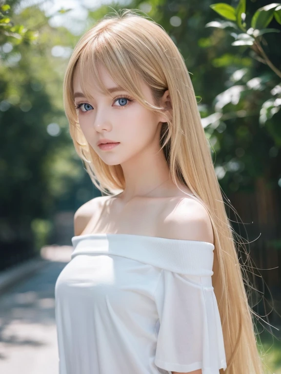 1girl in, age19, Solo, Super long straight hair, Colossal , Looking at Viewer, Sparkling dazzling blonde hair, Very beautiful eyes and disheveled bangs between the eyes、Bare shoulders, jewely, Full body, (Very detailed 8k wallpaper), Soft lighting, High quality, Film grain, Fujifilm XT3 sharp focus, F 5.6, high detailing, Sharp Focus,(Natural light), (gros-plan:1.2), (Seductive), off shoulder t-shirt, Realistic, A sexy、Beautiful bright white pale blue eyes