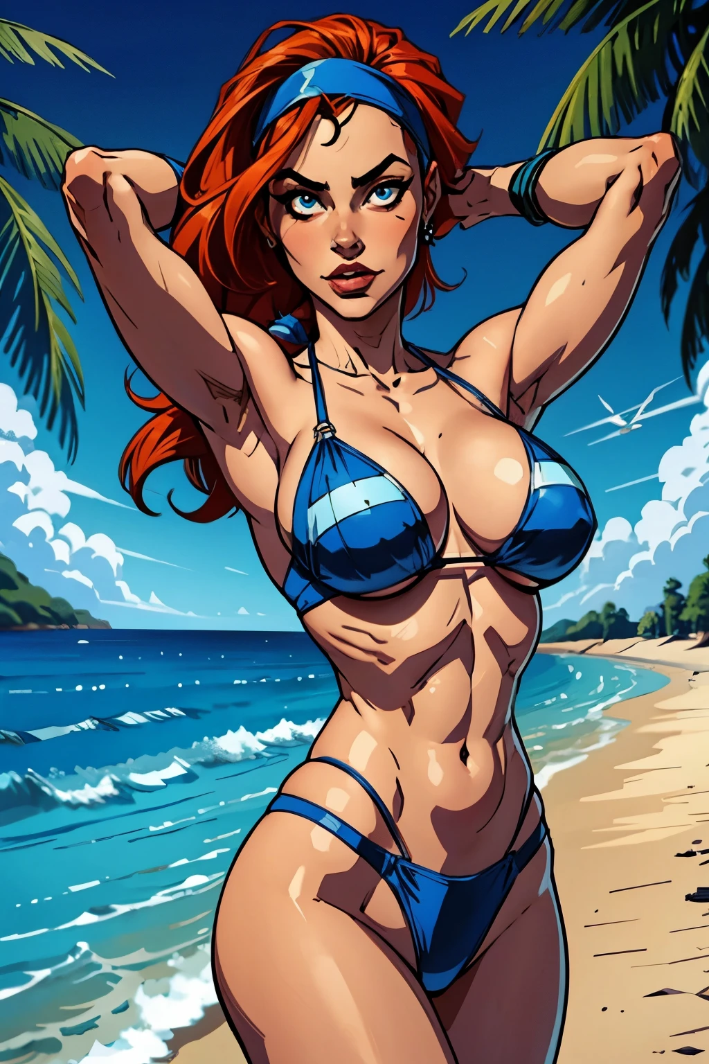 1 garota, Poderiapokemon, bandana azul, cabelo castanho, cabelo curto, olhos azuis, posing in a blue bikini with her arms up, , decote, coxas, praia,