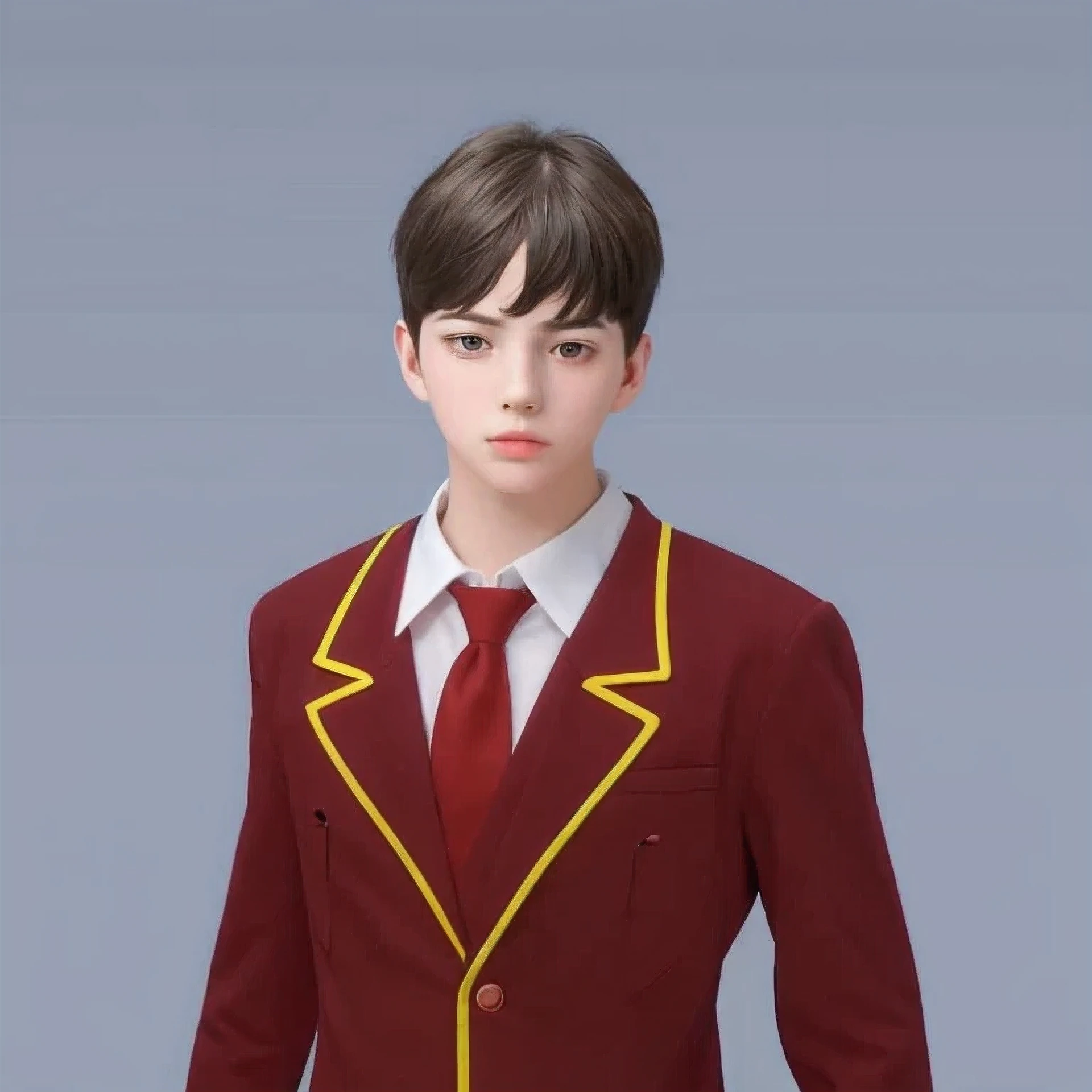 Student, red uniform, young boy, high boy realistic face,8k pictures very clear image