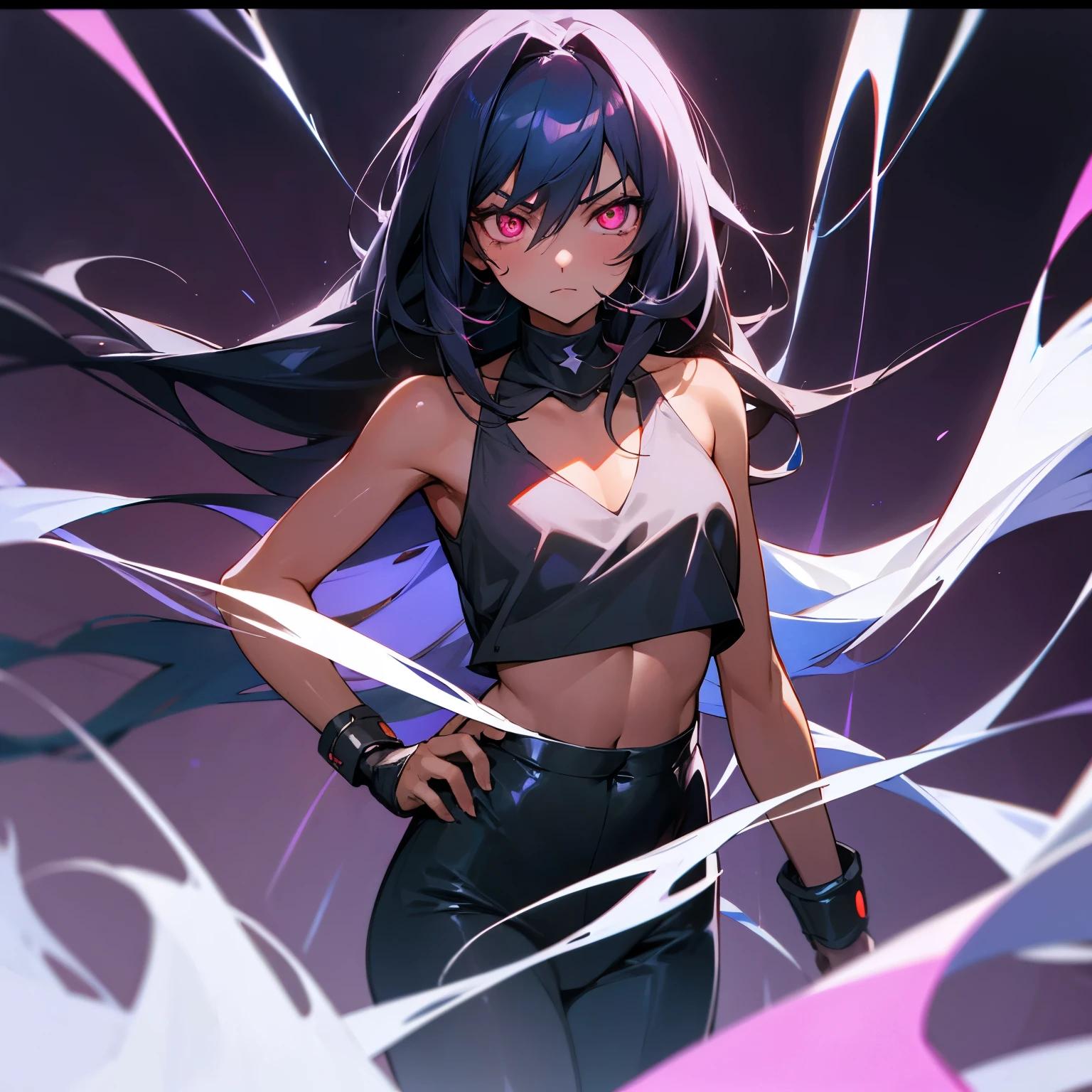 dark atmosphere anime girl puberty long hair and big chest, wearin v neck croptop and glowing eyes, has tan skin 