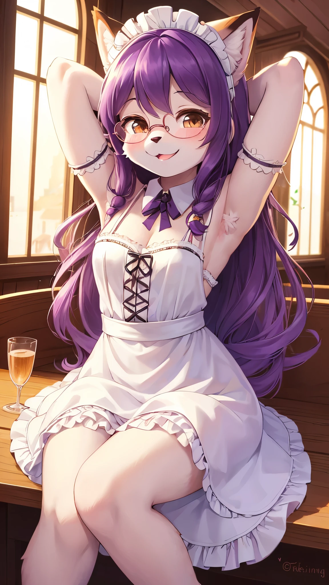 best quality,best resolution,(fluffy anthro furry :1.6),(young :1.6),cat girl,small breasts,purple hair,long hair,wavy hair,curvy hair,white fur,brown eyes,glistering eyes,sparkle eyes,huge circle glasses,maid outfit,maid headdress,maid gloves,ruffles,beautiful cafe,white ligth,looking at viewer,full face blush,happy face,smile,heart eyes,heart expression eyes,sitting,close eyes,sexy pose,armpit
