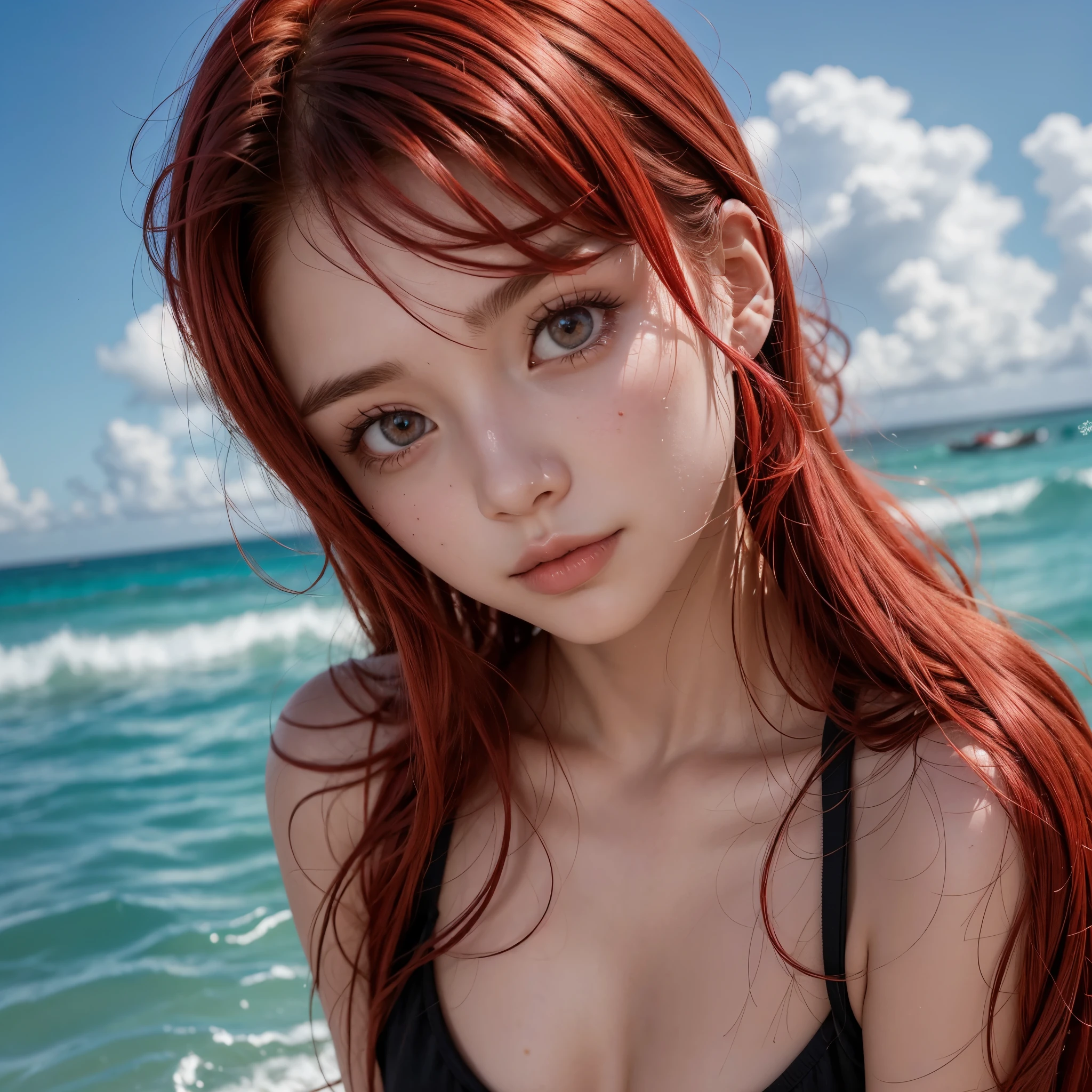 Hot girl, red hair, red eyes, in the beach