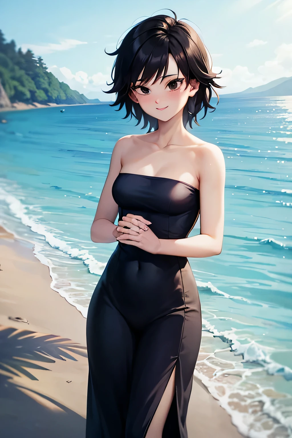 anime screencap, masterpiece, best quality, highres, outdoors, small breasts, gine, spiky black hair, 1 girl, Solo, Black Eyes, Good hands are down, Smile, Blushing, Bare Neck, Bare Shoulders, strapless, White Ruffle Off-the-Shoulder maxi dress. Cowboy shot. A landscape of the beach, sea, blue skies, sand beach. In the center. Walking on the beach Far from the bottom, looking at viewers