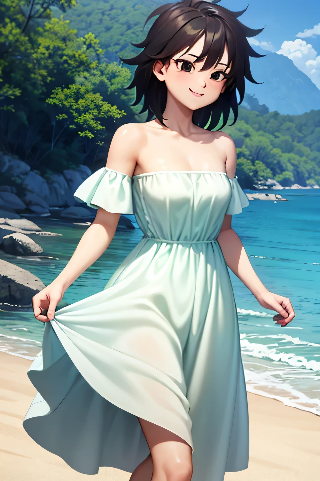 anime screencap, masterpiece, best quality, highres, outdoors, small breasts, gine, spiky black hair, 1 girl, Solo, Black Eyes, Good hands are down, Smile, Blushing, Bare Neck, Bare Shoulders, strapless, White Ruffle Off-the-Shoulder maxi dress. Cowboy shot. A landscape of the beach, sea, blue skies, sand beach. In the center. Walking on the beach Far from the bottom, looking at viewers