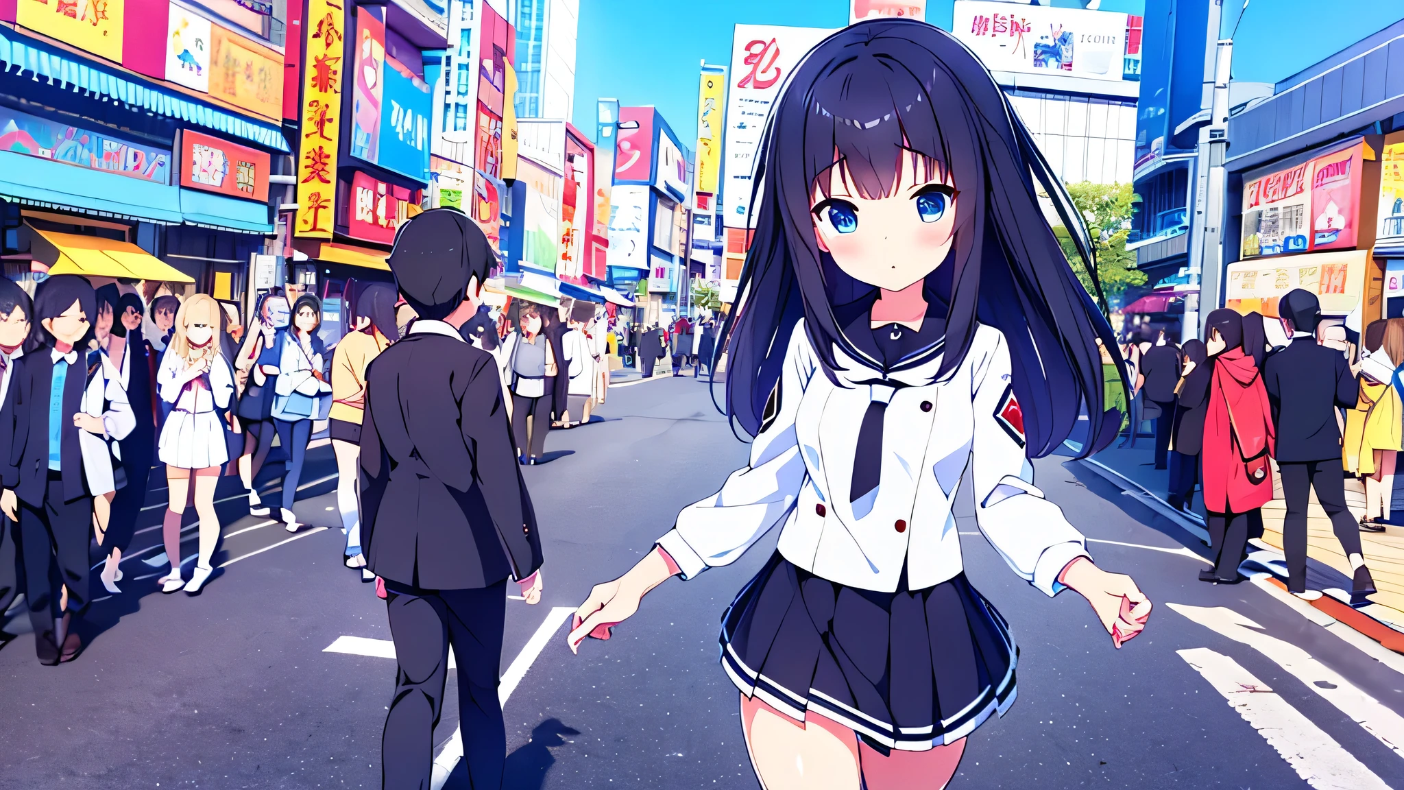 great quality 8k beautiful gorgeous girl black uniform with mini skirt white stockings with blue black hair blue eyes in japanese street akihabara swastika