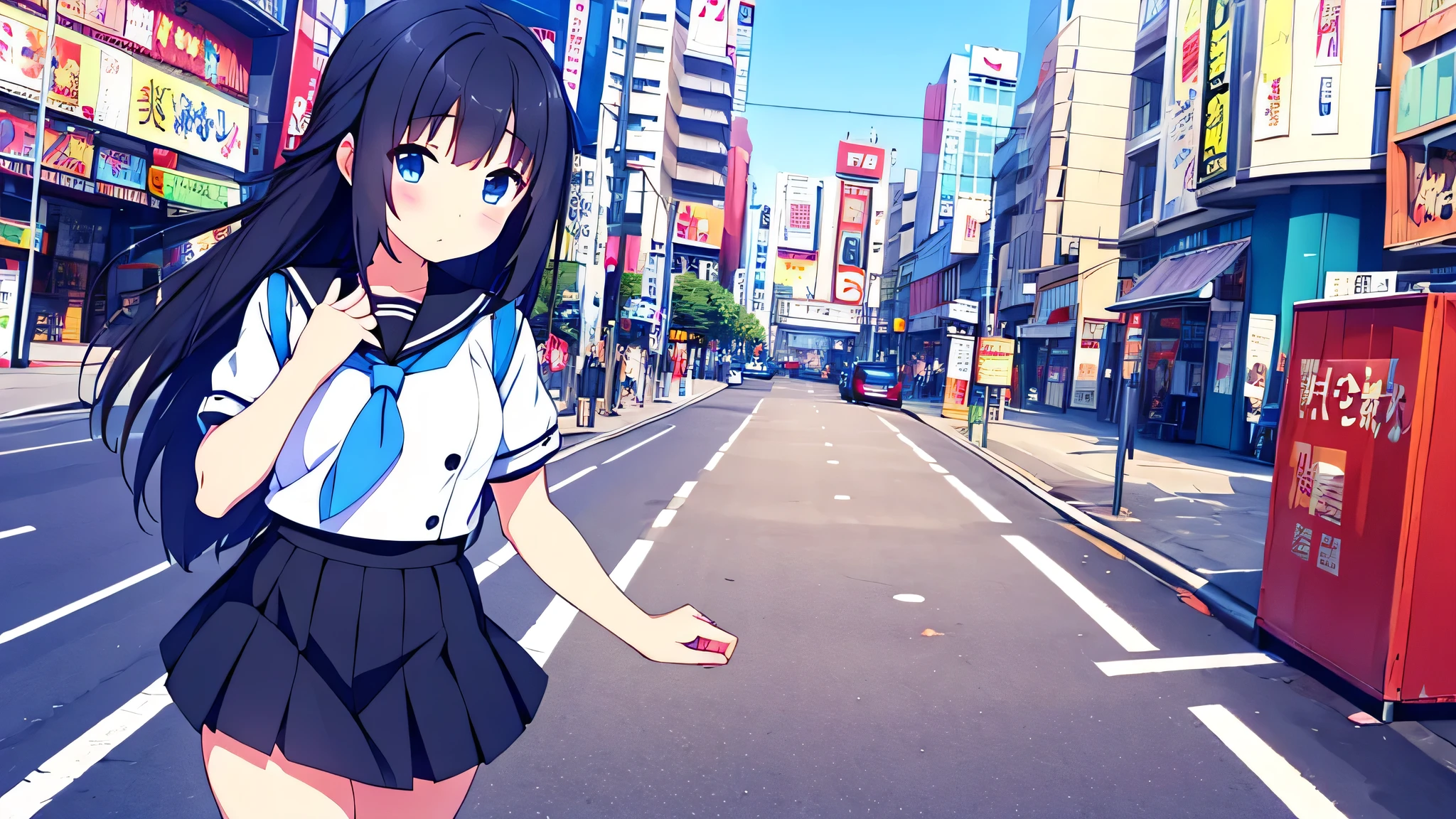 beautiful gorgeous girl black uniform with mini skirt white stockings with blue black hair blue eyes in japanese street akihabara swastika