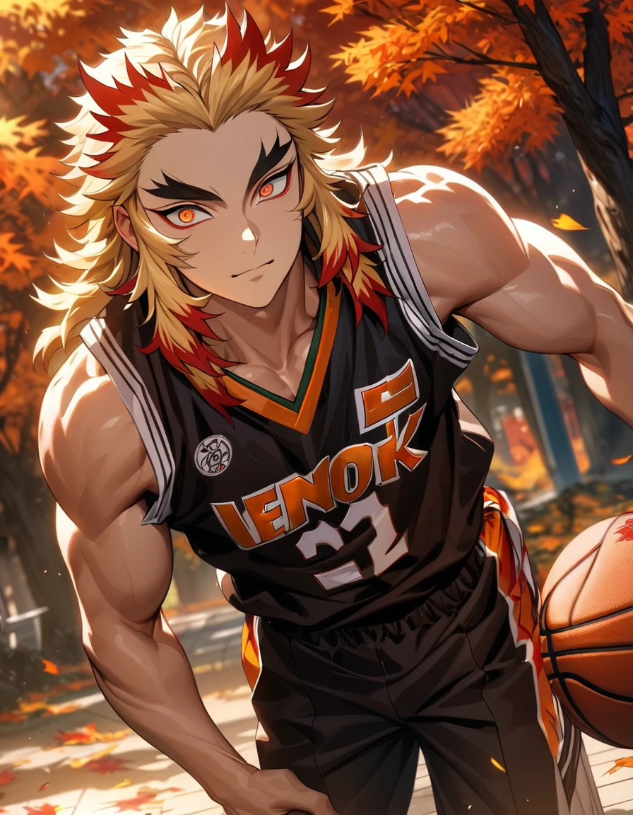 absurdres, highres, ultra detailed, HDR, masterpiece, extremely detailed face and eyes, Rengoku Kyojuro, blond hair, expressive orange eyes, Kimetsu No Yaiba, sexy man, handsome, basketball uniform, autumn, orange leaves, trees