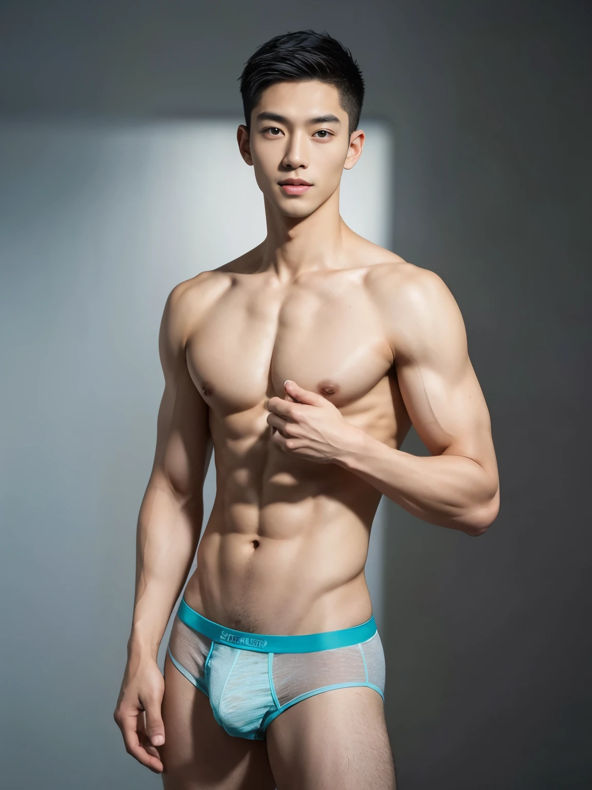 Handsome Asian, handsome man, tan skin, briefs, handsome asian guy, handsome boy, Full Body Shoot, photoshoot, male underwear, briefs, portrait, look at camera, detailed facial parts, Manly, Charmer, Active Boy, standing, harness, happy expression, perfect anatomy, symmetric body, asian boy 18years old, shirtless :: high detail, asian, 6packs, six pack, slim body, realistic, human skin, Short Hairstyle, handsome chad chin, shirtless, handsome, attractive, slightly muscular man, masculine, skinny, lean, lean muscle, sexually attractive, human skin, (eyes contact), Handsome, Attractive, bulge in briefs, The crotch is raised, pastel background