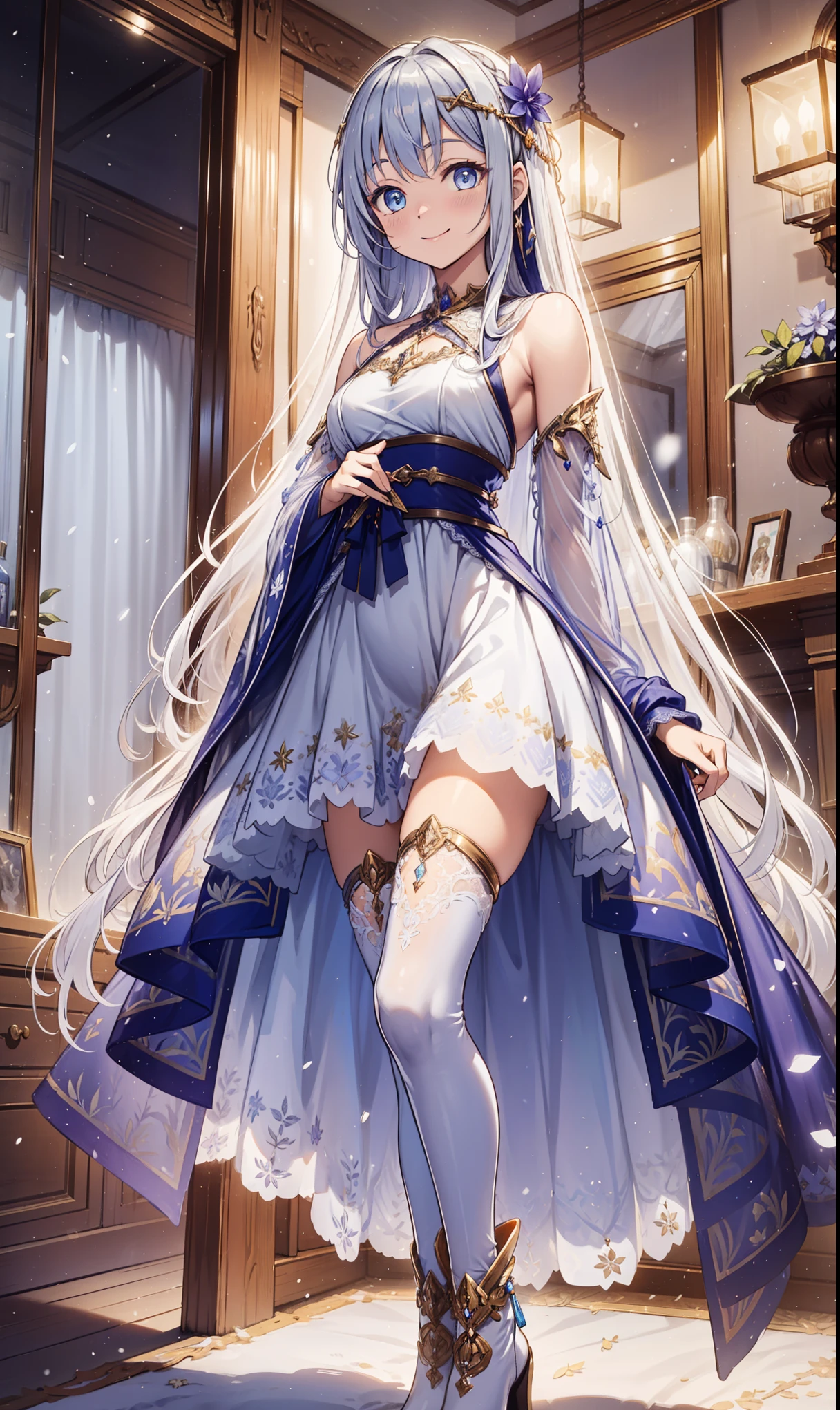 saints,Attractions,having fun,in love,(Western magic white dress),Silver Hair,blue eyes,Transparent clothes,Smile,Decoration of saints,Lilac cloth,A small amount of gold color pattern,snowy night,Transparent lace,Exquisite clothing,bedroom,The only person,night,Carved sling boots,Delicate and beautiful eyes