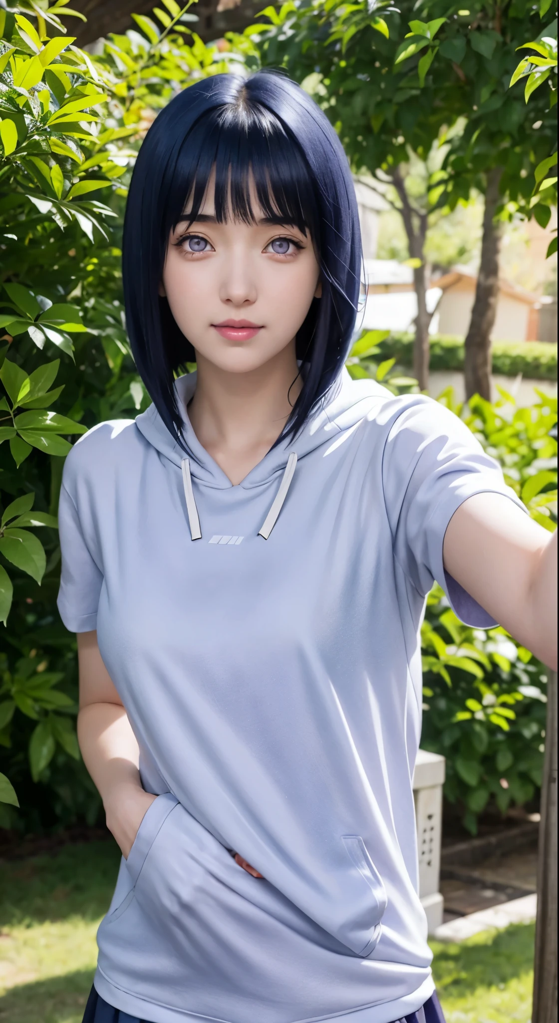 close up image of a person with long hair and a hoodie, hinata hyuga, hinata hyuga from naruto, from naruto, as an anime character, perfect anime face, she has dark blue hair with bangs, female anime character, anime characters, best anime girls, style hime cut hair, dark blue hair, pink lips, light purple eyes, smile, (pretty face:1.3)