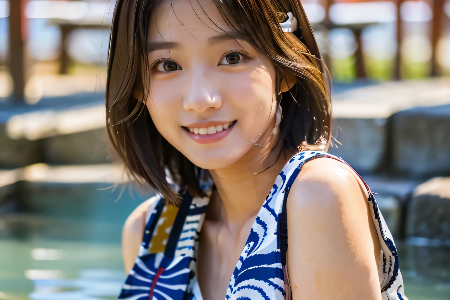 highest quality, Photorealistic, Very detailed, finely, High resolution, 8K Wallpaper, Professional, High level of detail, ((One 18 year old girl:1.2)), Slender Japanese women,Pretty lips, (Beautiful long lashes:1.2)、Detailed clavicle, Perfect Face, (Cute short bob hair:1.5),Top Quality,Ultra-clear resolution,Clear Eyes,Sunburned skin,Perfect large breasts,have perfect legs,Focus on the legs,(Posing in a yukata at a hot spring resort:1.5)、(A serious look and a gentle smile:1.5)、