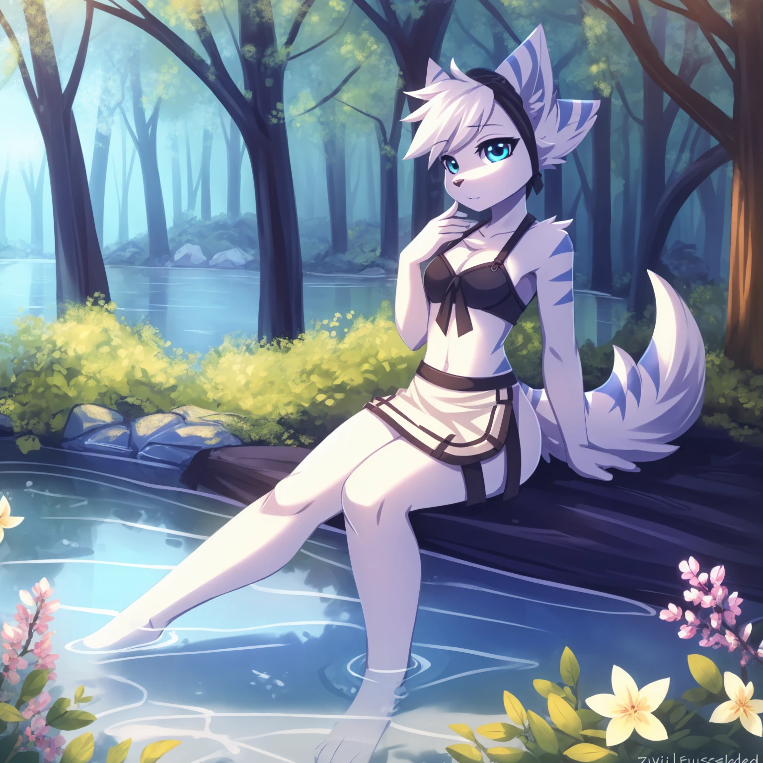 By zinfyuu on pixiv,by twistedscarlet60, uploaded on pixiv, by fluff-kevlar, (masterpiece), (best quality), (anthro furry:1.3, snout:1.2, anthro:1.3, furry:1.2, solo female:1.2), (extremely detailed:1.3), (blue_detailed_eye), absol, wearing white dress, sfw, forest, sitting, lake, nature beauty, view on viewer, rivet