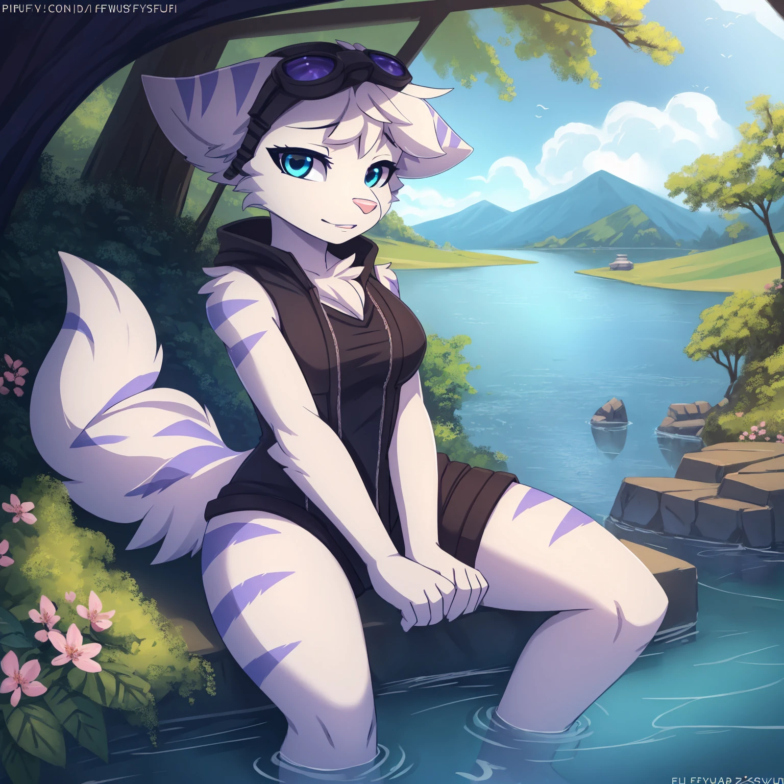 By zinfyuu on pixiv,by twistedscarlet60, uploaded on pixiv, by fluff-kevlar, (masterpiece), (best quality), (anthro furry:1.3, snout:1.2, anthro:1.3, furry:1.2, solo female:1.2), (extremely detailed:1.3), (blue_detailed_eye), absol, wearing white dress, sfw, forest, sitting, lake, nature beauty, view on viewer, rivet