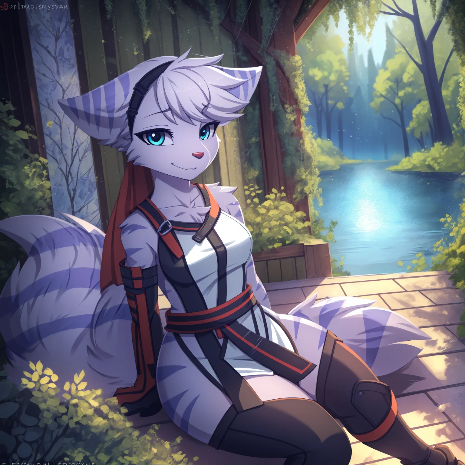 By zinfyuu on pixiv,by twistedscarlet60, uploaded on pixiv, by fluff-kevlar, (masterpiece), (best quality), (anthro furry:1.3, snout:1.2, anthro:1.3, furry:1.2, solo female:1.2), (extremely detailed:1.3), (blue_detailed_eye), absol, wearing white dress, sfw, forest, sitting, lake, nature beauty, view on viewer, rivet