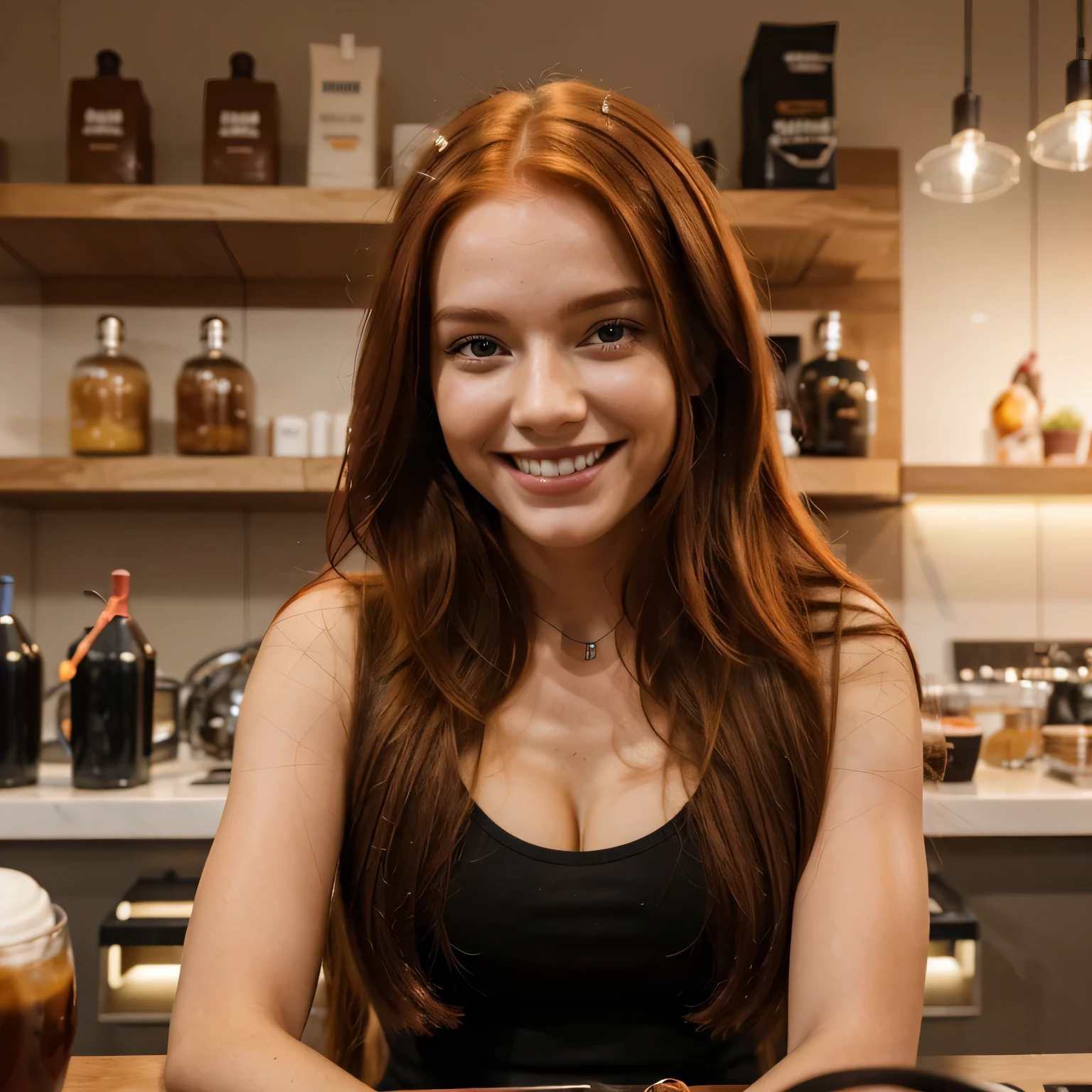 A radiant smile lights up the face of the AI ​​influencer with long red hair, Ultra high definition images of our AI digital influencer smiling while interacting with friends in an Amsterdam cafe